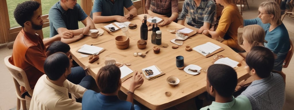 A group of people sit around a wooden table engaged in a discussion, with sheets of paper in front of them marked with diagrams and the words 'Diabetes Advocacy'. There is a bright, natural light coming from a nearby window, and everyone appears focused on sharing ideas, as some take notes with colored markers.