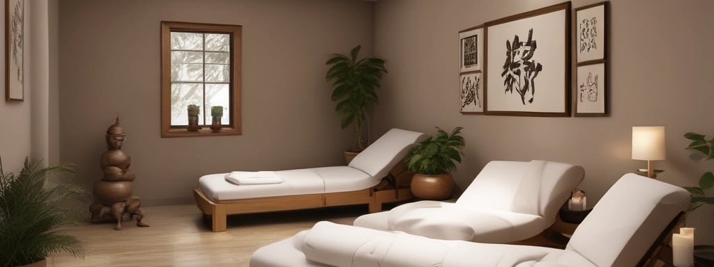 A serene sculpture of a meditative figure with curly hair is placed beside an array of decorative items, including wooden elements and a pair of yellow candles. The scene is viewed through a glass window with the words 'wildchabathaimassage' displayed in pink lettering. The soft lighting and reflections add a tranquil atmosphere.