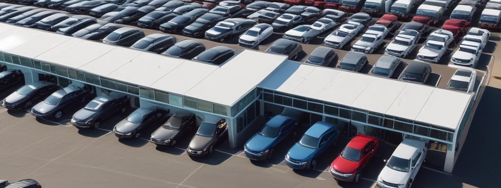 A modern black SUV is parked on a paved area in front of a red advertisement banner. Nearby, there are other cars in white and blue. The setting appears to be an open-air dealership or showroom with a partially visible green canopy in the background.