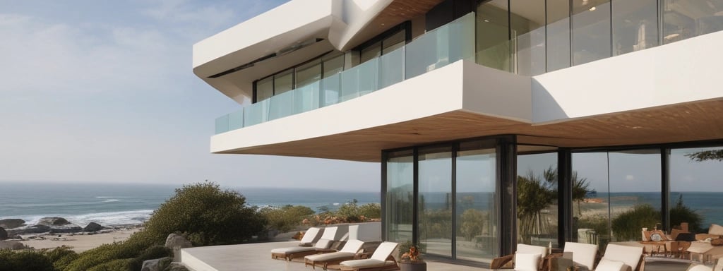 A modern apartment complex featuring two multi-story buildings with large windows and balconies. The complex is surrounded by landscaped areas with palm trees and a small pool in the center. Several parked vehicles are situated along the paved driveway that runs between the buildings.