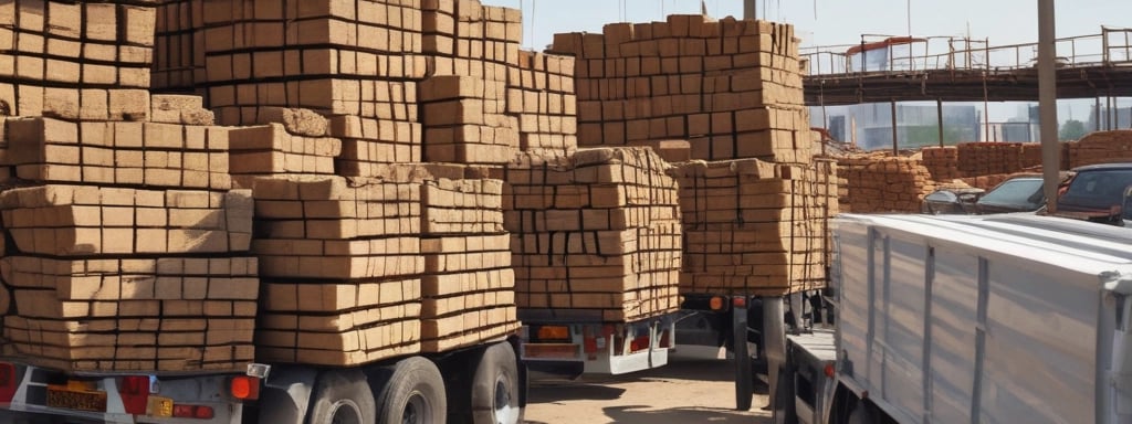 A person stands in an industrial or storage area, surrounded by building materials including wooden pallets, bricks, and a traffic cone. There is a shopping cart nearby and stacks of various construction materials like tiles and sacks are visible in the background.