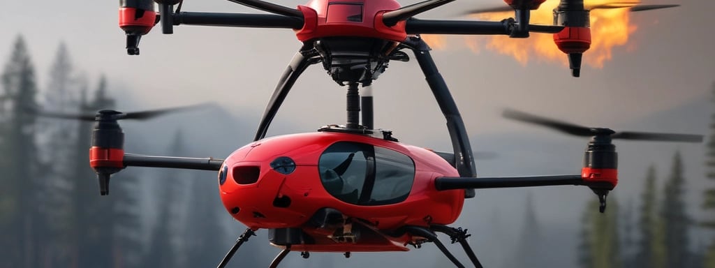 A drone hovers in the sky with a backdrop of rocky terrain. The quadcopter has a sleek, modern design with prominent propellers and a camera mounted at the front. The sky is partially cloudy, creating a serene and airy atmosphere.