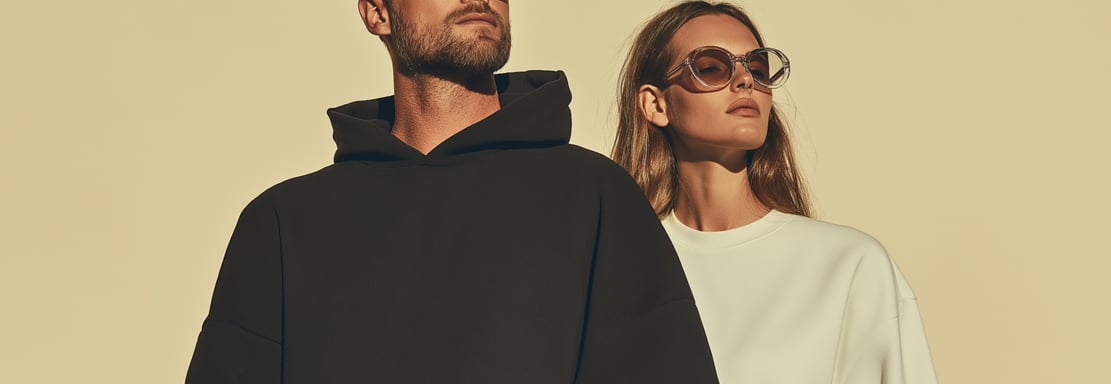 a man and woman standing together wearing hoodies and sunglasses calm mood