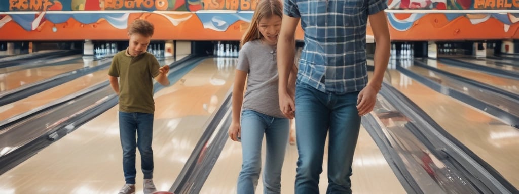 A man is bowling in a bowling alley with his family