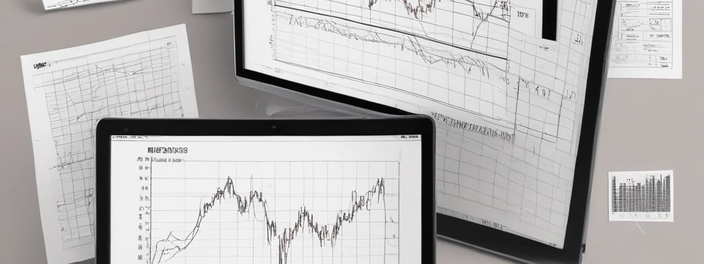 A person holds a smartphone displaying a stock market trading app with candlestick charts. A laptop is on a wooden table with a similar financial chart, indicating active trading or analysis. The setting suggests a home office or casual workspace.