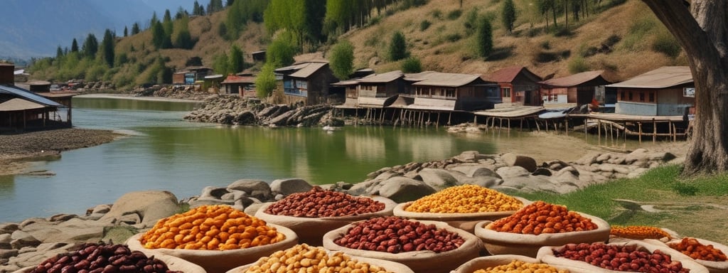 A roadside market stall features a variety of colorful dried fruits displayed in trays. The stall is set up next to a white van and shaded by a large umbrella. The background showcases a clear blue sky with a few clouds, suggesting a sunny day.