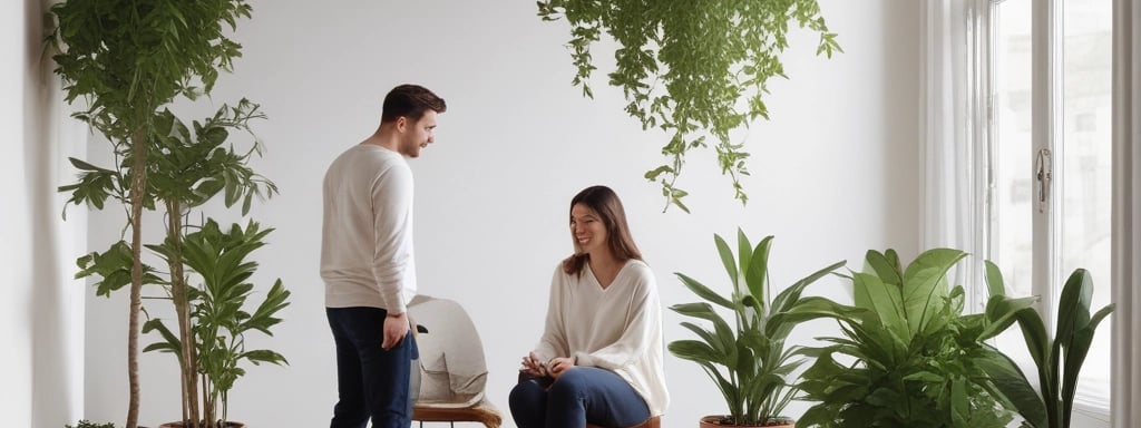A couple sits on the wooden floor of a minimalistic room with white walls and curtains. They are smiling at each other, displaying a sense of intimacy and connection. Two potted plants are placed beside them, adding a touch of greenery to the serene environment.