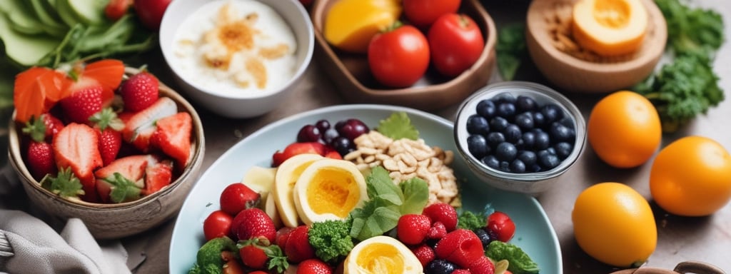 A kitchen countertop features various healthy food items including protein bars on a slate tray, a jar of yellow hummus, a wooden spoon, and a mug with a heart design. Packages of Alver Easy Protein powder are visible in the background. Fresh herbs, a bowl of blueberries, a container with seeds, strawberries, cherry tomatoes, and an avocado are also present, suggesting a focus on natural ingredients.