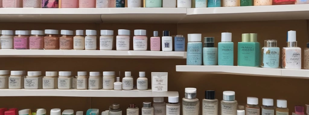 A supermarket shelf displays a variety of skincare and personal care products. On the left, there are white bottles labeled Satin Care with aloe vera graphics. In the middle, blue and white bottles of Cien branded body lotions and creams are organized in boxed displays with clearly visible price tags above them. To the right, razor packs are neatly arranged, also marked with the Cien brand. The shelf is well-organized with different product categories neatly segregated.