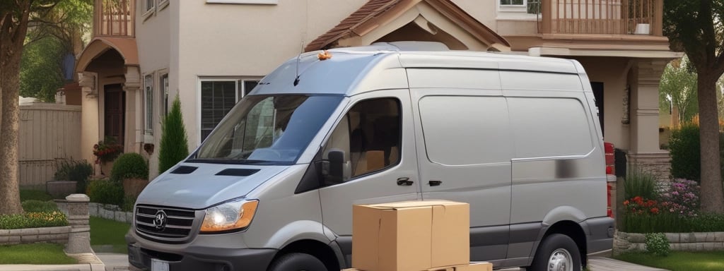 A large delivery truck is parked on the side of a city street with its back door open, revealing boxes and a dolly. In the background, tall buildings with numerous windows rise, and a sign for Warehouse Wines is visible. A city bus is stopped nearby, with several pedestrians walking on the sidewalk.