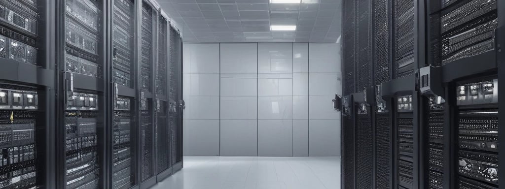 A digital rendering depicting a tall, metallic server rack positioned centrally on a platform. The server appears to have multiple blue-lit slots. Surrounding the rack, there are several stacks of cylindrical objects resembling databases or storage units, all set against a dark background.