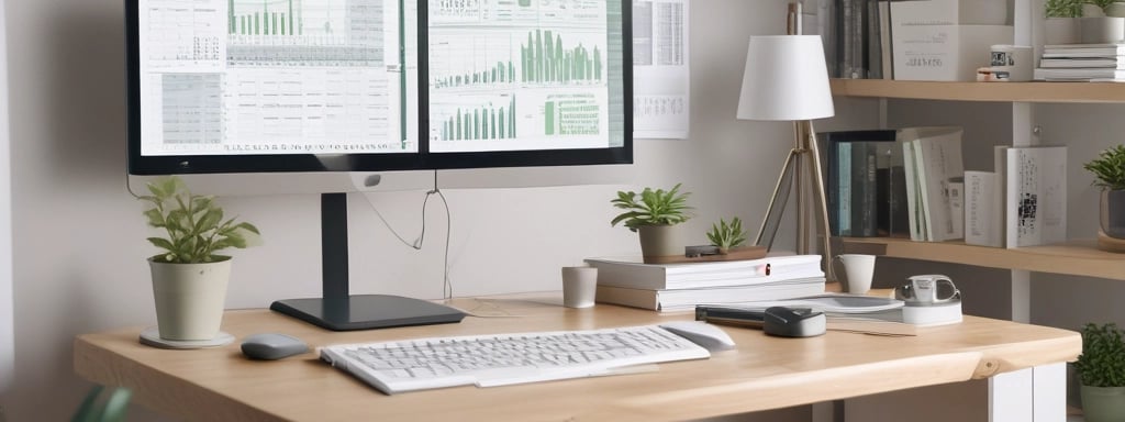 A modern skyscraper with the PwC logo is partially obscured by out-of-focus autumn leaves in the foreground. The building is set against a backdrop of a bright, cloudy sky.