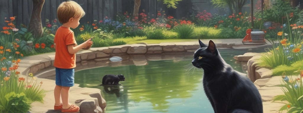 A cat sits on a wooden chair in front of a green corrugated metal wall. Next to the chair, a large red pot contains several folded umbrellas. Behind the cat, a coffee sack labeled 'Mountain Thunder 100% Kona' is visible. Above, a colorful informational poster is attached to the wall.