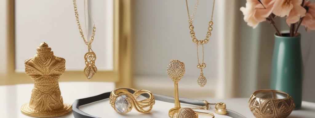 a tray of jewelry and a vase with flowers