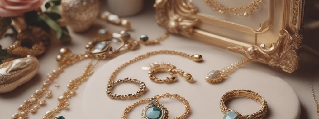 a table with a mirror and jewelry on it