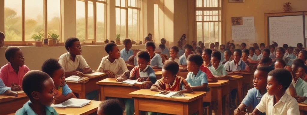 A classroom filled with young students wearing uniforms in shades of green and blue. The walls are adorned with chalkboards and posters, and natural light filters through a window. The students are seated at wooden desks, some are smiling while others look attentive.