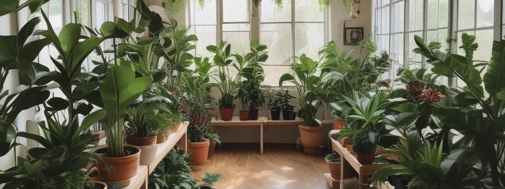 A person wearing white gloves tends to young seedlings in a nursery or laboratory setting, with rows of small plants aligned in trays. The environment is likely controlled, as indicated by the pink lighting.