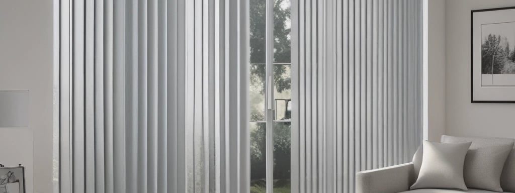A window with vertical blinds and a single dark curtain partially drawn to the right side. Outside the window, there is a view of dense foliage or trees.