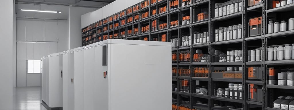 The image depicts a showroom or demonstration area showcasing various energy storage and conversion devices. Several white battery systems are stacked or aligned neatly. In the background, there is a diagram on the wall illustrating a solar energy system, including components like PV arrays, lithium batteries, inverters, and generators. A few blue battery cells are displayed on shelves to the right.