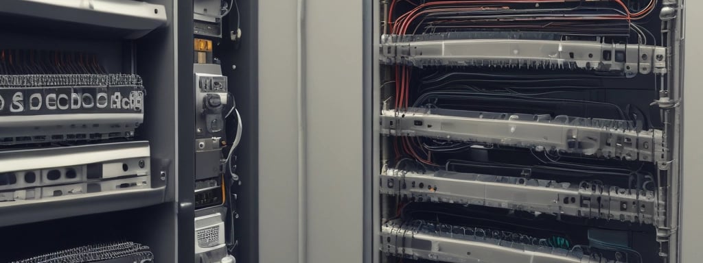 A person is standing inside a technical room or server room, working with equipment mounted on a rack. They appear focused and are adjusting or observing the setup. The equipment includes cables and a camera on a tripod. The scene is viewed through a square window with bolts, suggesting a secure or restricted area.