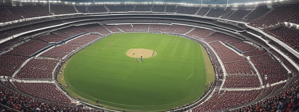 A group of people are playing cricket on an open dusty ground surrounded by urban buildings. Some children and adults are watching or participating in the game. There are motorcycles parked near the play area, and the backdrop includes a water tank and a cell tower. The sky is partly cloudy with a bird flying above.