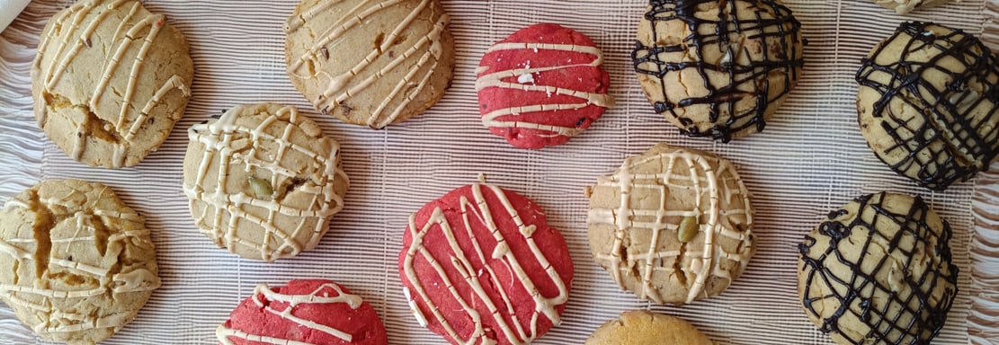 different flavor whole wheat cookie styled in plate drizzled with chocolate