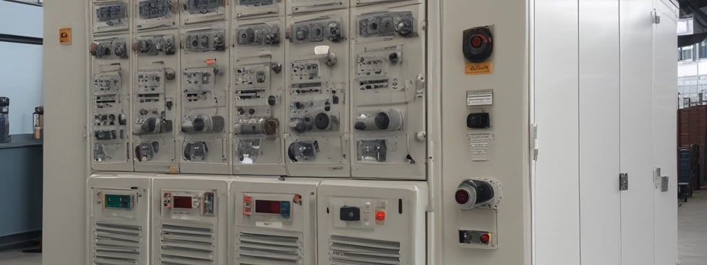 A large gray industrial electrical panel with an on/off switch is mounted on the side of a gray wall. Above the panel are multiple electrical conduits running upward. The surrounding area appears to be a utility or storage room with a wooden board and some equipment in the background.