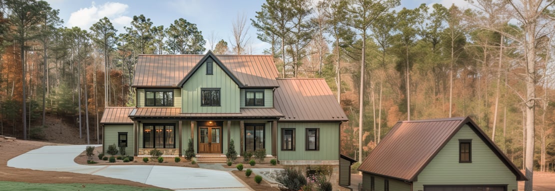 sage green and copper metal roof modern farmhouse