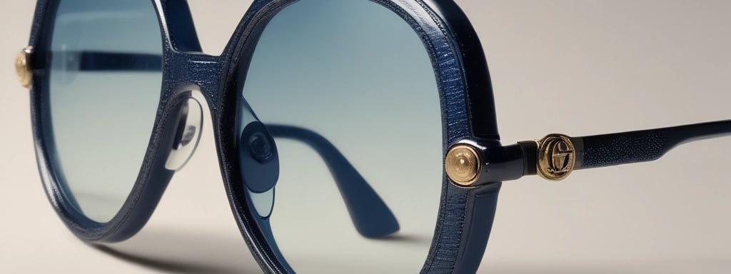 A pair of Ray-Ban eyeglasses with a sleek, rectangular frame is centered on a soft-focus surface. The muted background features hints of blurred shapes and colors, conveying a minimalist and subtle aesthetic.