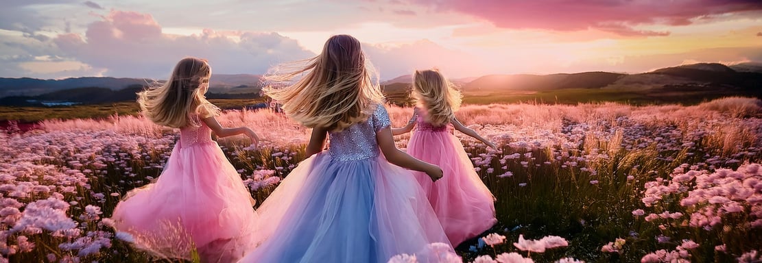 three young girls dressed in beautiful party dresses running in a field of flowers at sunset