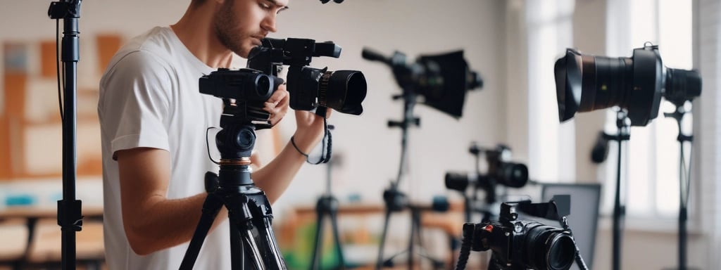 A laptop displaying video editing software on a desk, accompanied by a smartphone, a notepad with a pen, and a coffee mug with a motivational quote. The background shows a modern office environment with glass panels and some blurred details.