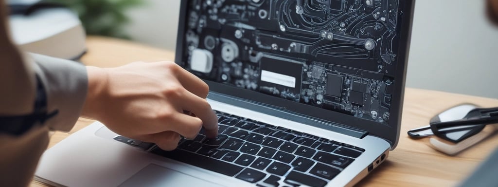 A sleek laptop with a vibrant abstract design on its screen is placed on a round, light grey table. The backdrop includes a modern architectural setting with perforated brick walls and a partially visible glass facade.