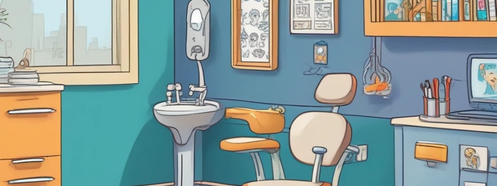 A dental professional wearing blue scrubs, a mask, and a hair cover is performing a procedure on a patient lying in a dental chair. The professional is holding a piece of dental equipment over the patient's mouth. The setting is likely a dental clinic with muted blue and white colors.