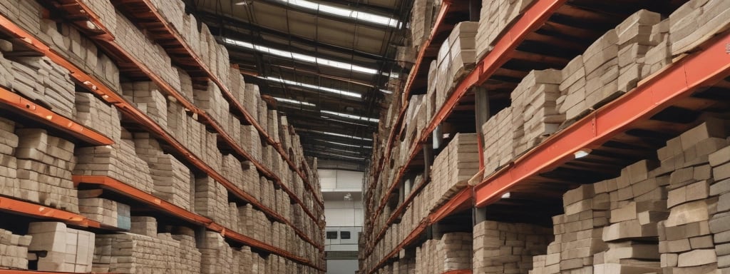 A light brown industrial building has a roof with several vents; in front of it are multiple stacks of wooden pallets and several large containers. In the foreground, there are two large piles of broken concrete and rubble.