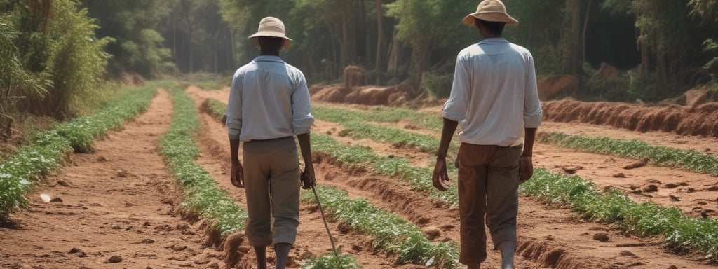 A group of six people are working together on a patch of land, engaging in agricultural activities. They are dressed in various colors with some donning traditional hats. The background consists of dense green foliage and trees, with a marshy area or river behind the workers. The scene suggests a rural setting with natural surroundings.