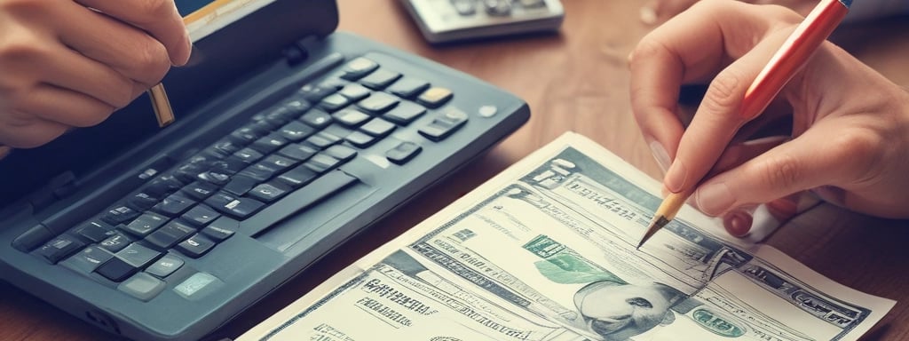 A person holding a house key in front of a calculator