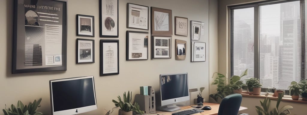 A modern workspace features a large curved monitor displaying a web agency page, surrounded by various items including a laptop, a smartphone, a wireless keyboard, headphones, and a stylus pad. The setup is neatly arranged on a wooden desk against a dark wall, creating a sleek and professional look.