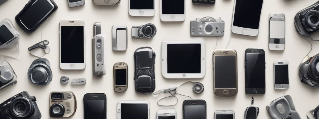 A set of electronic devices, including a black smartphone with a visible logo, a laptop with a sleek design and backlit keyboard, and a smartwatch with a dark screen, are arranged closely together.