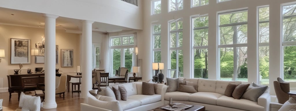 A person is sitting on a sofa wearing a virtual reality headset, their hands adjusting the device for a comfortable fit. The scene is set in a bright room with a large window featuring a door with multiple glass panes.