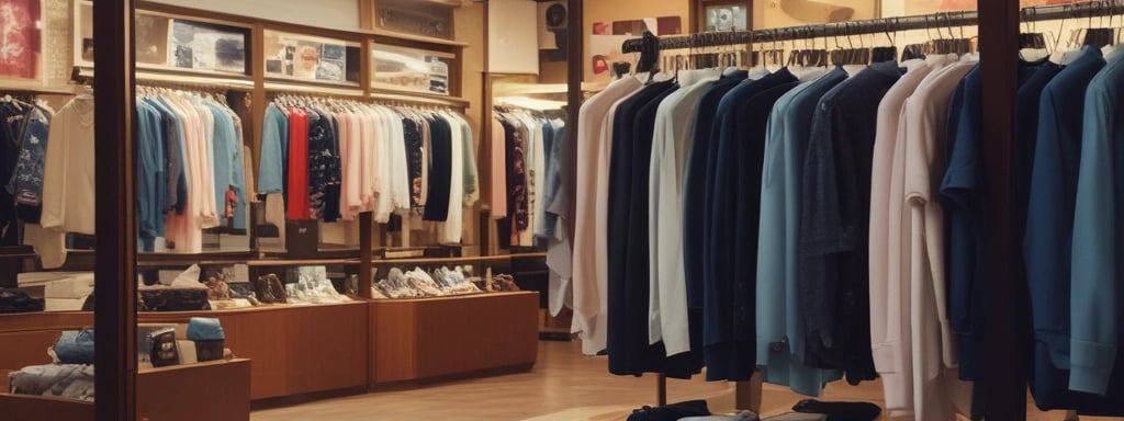 A well-organized clothing store with displays of neatly stacked shirts in various colors, mainly white, blue, and beige. Mannequins dressed in formal attire are placed around the store. Shelves are stocked with boxes and additional clothing items. Overhead lighting creates a warm atmosphere, and signs displaying prices are visible throughout the store.