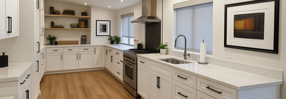 Kelowna kitchen featuring white shaker cabinets and Euro-style design