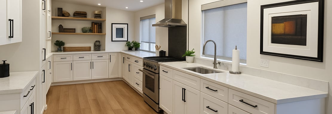 Kelowna kitchen featuring white shaker cabinets and Euro-style design