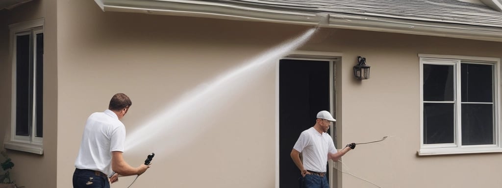 A person in bright safety gear is performing maintenance or cleaning work on a modern building's exterior. The structure features tall, vertical lines made of dark metallic or glass material, creating a striking visual contrast with the person.