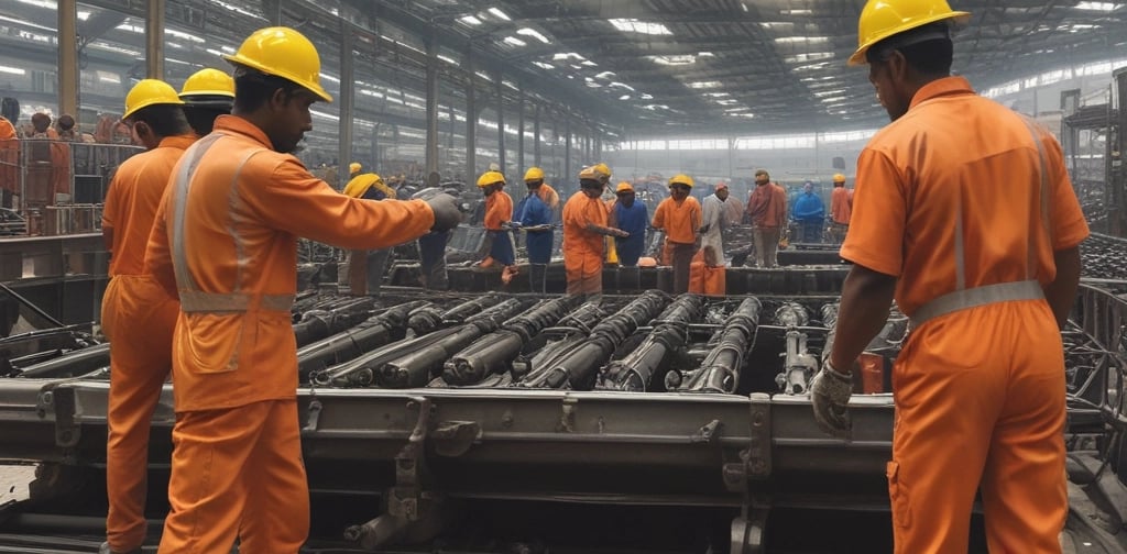 Several individuals are working in a workshop on assembling or painting metal frames. The room is illuminated by multiple circular lights, creating a bright atmosphere. The workers are dressed in overalls, suggesting an industrial or manufacturing setting.