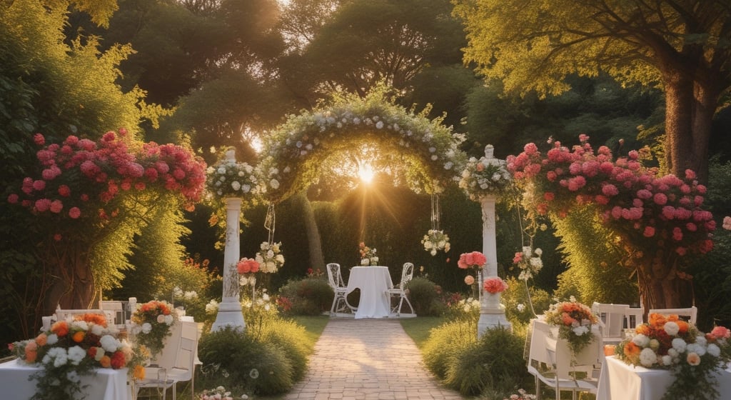 A bouquet of white and peach flowers is prominently placed in the foreground on a natural grassy setting, while in the background, a slightly out-of-focus wedding couple gazes at each other, creating a serene and romantic atmosphere.