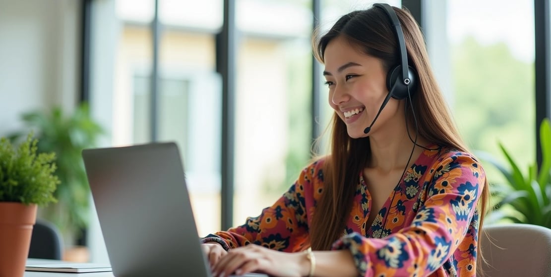 a woman wearing a headset speaking on the mic with a laptop computer