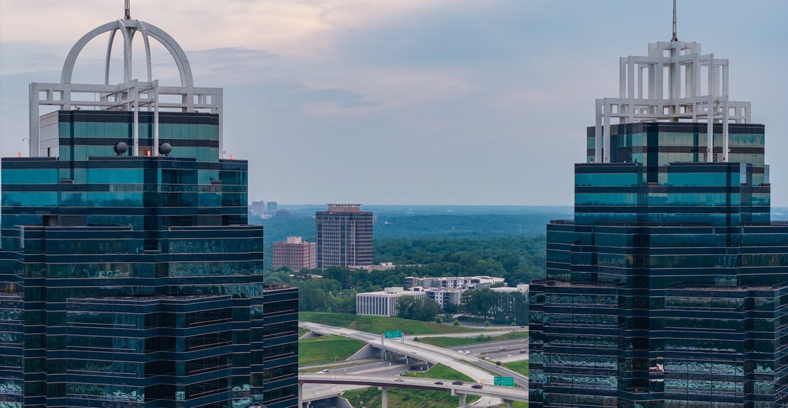 Close up of King and Queen Towers in Sandy Springs