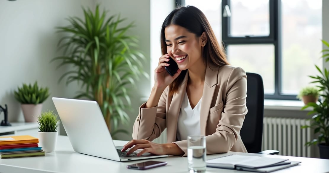 a woman in a suit and smiling while talking on her phone