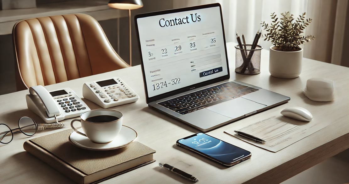 a laptop computer on a desk with a phone and a text Contact Us on the laptop screen