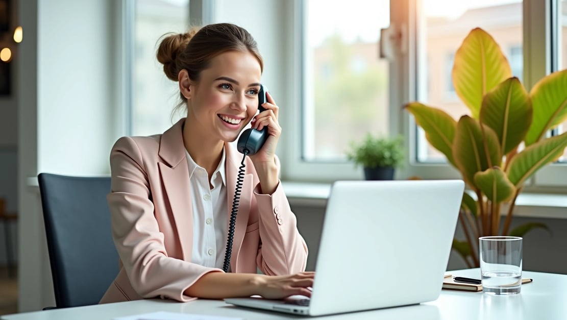 a woman in a pink jacket on a desk with laptop and she is talking on the phone